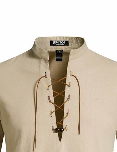 Beige lace-up shirt with a stand collar