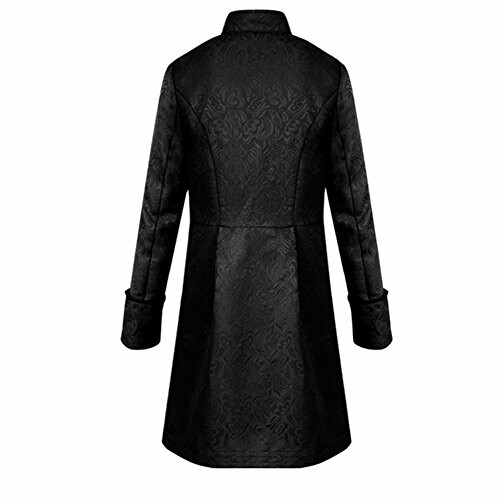 Back view of a black brocade coat with a high collar and long sleeves.