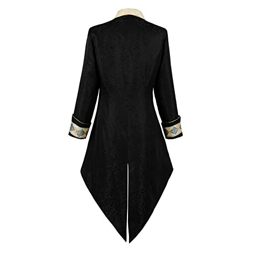 Back view of a black vintage tailcoat with embroidered cuffs.