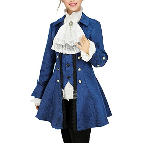 Person wearing a blue Victorian-style jacket with lace details.