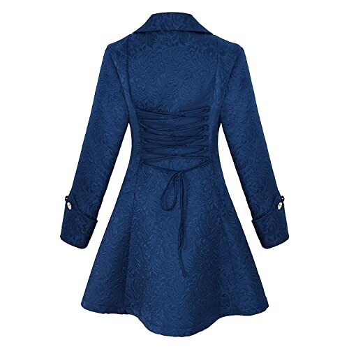 Back view of a blue vintage dress with lace-up design.