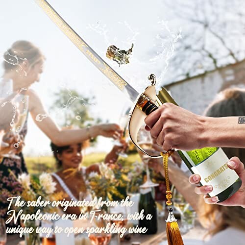 Person opening a champagne bottle with a saber at a celebration.