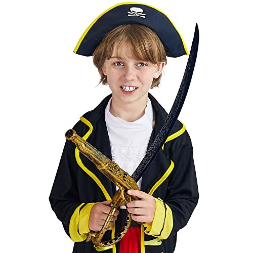 Child in pirate costume holding a sword and pistol.