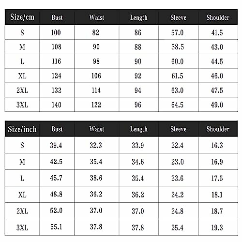 Clothing size chart with measurements in cm and inches for bust, waist, length, sleeve, and shoulder.