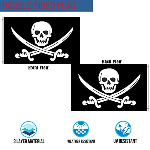 Double-sided pirate flag with skull and crossbones design, front and back view.