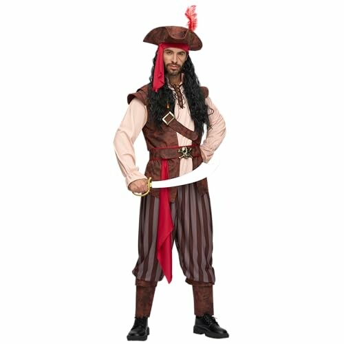 Man wearing a pirate costume with a sword.