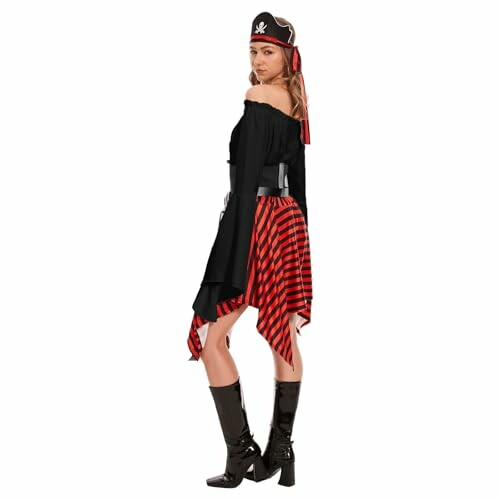 Woman in pirate costume with striped skirt and boots