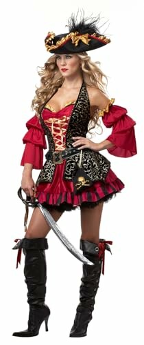 Woman in pirate costume with hat and sword