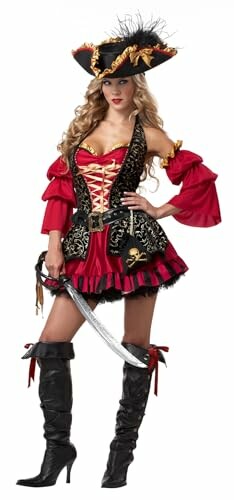 Woman in a detailed pirate costume with a sword and hat.