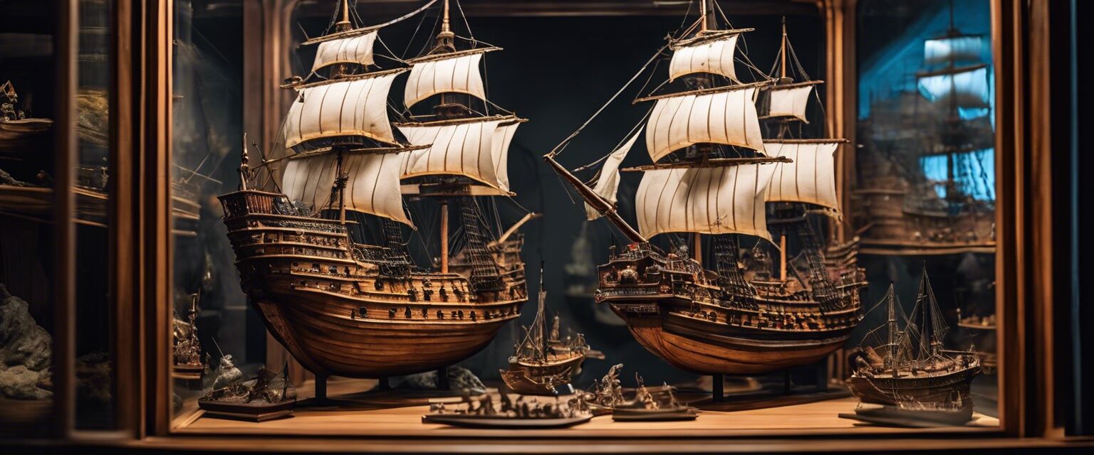 Interior shot of pirate ship models in display.