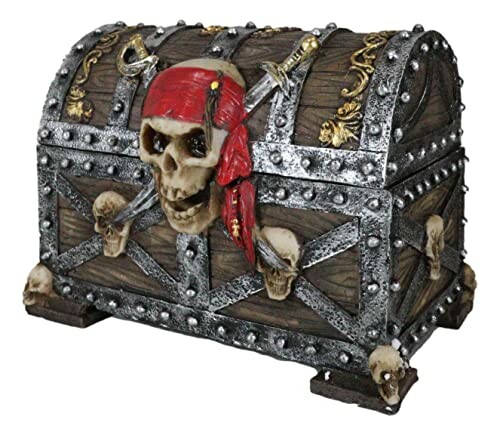 Decorative treasure chest with skull and swords.