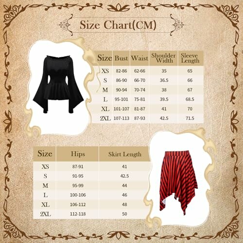 Vintage clothing size chart with measurements in centimeters for tops and skirts.