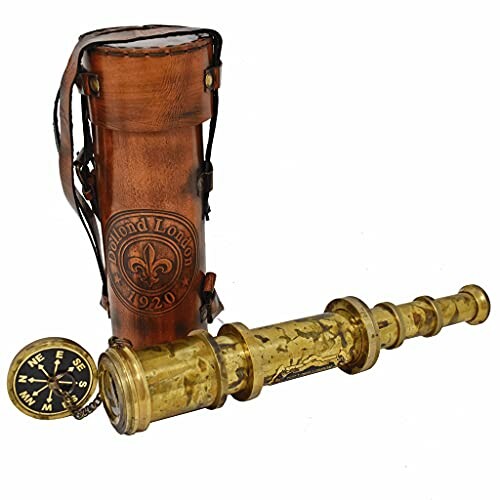 Vintage telescope with leather case and compass.