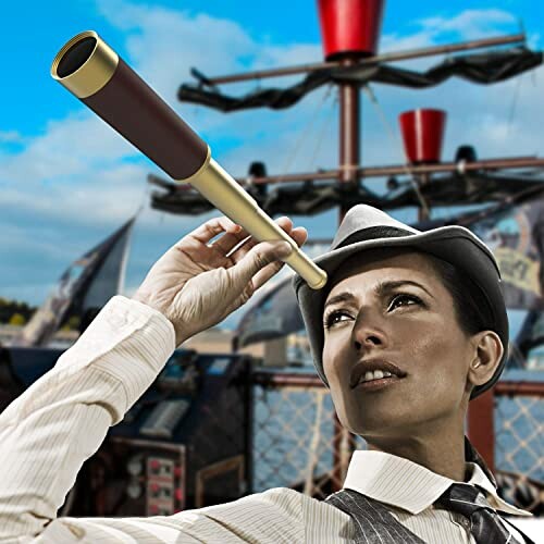 Woman in vintage attire looking through a telescope on a ship.