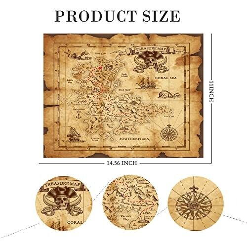 Vintage treasure map poster with compass and skull design.