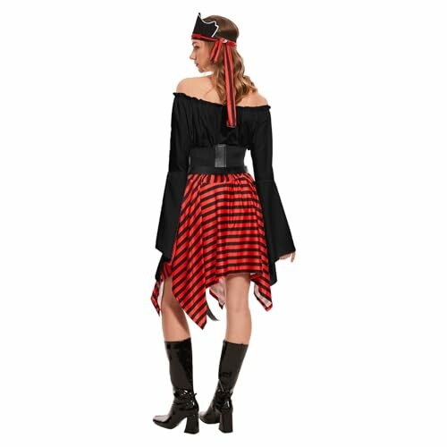 Woman in pirate costume with black and red attire